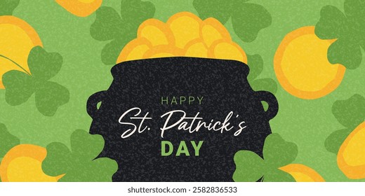 Happy St. Patrick's Day banner template. Creative vector art design with four-leaf clover, shamrock clover, pot and golden coins. Template for celebration, branding, banner, cover, card, poster.