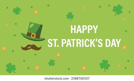 Happy St. Patricks Day banner with leprechaun with pot of gold coins. Green pattern background with clover leaves. 