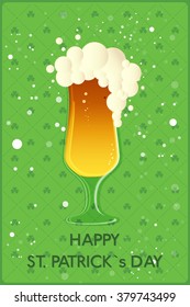 Happy St. Patrick`s Day banner. Glass with beer on green clover background. Vector illustration