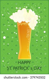 Happy St. Patrick`s Day banner. Glass with beer on green clover background. Vector illustration