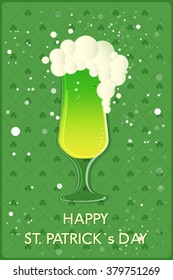Happy St. Patrick`s Day banner. Glass with green beer on clover background. Vector illustration