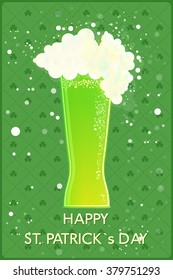 Happy St. Patrick`s Day banner. Glass with green beer on clover background. Vector illustration