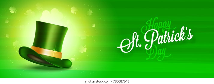 Happy St. Patrick's Day banner design with 3D leprechaun's hat on shiny green background.