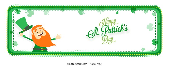 Happy St. Patrick's Day Banner Design with Happy Leprechaun on clover leaves background.