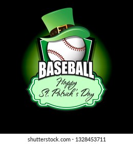 Happy St. Patricks day. Baseball logo template design. Baseball ball with St. Patrick hat. Pattern for banner, poster, greeting card, party invitation. Vector illustration