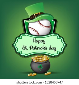 Happy St. Patricks day. Baseball logo template design. Baseball ball with St. Patrick hat and pot with gold. Pattern for banner, poster, greeting card, party invitation. Vector illustration
