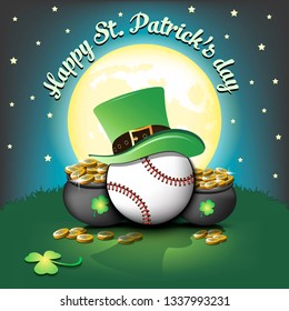 Happy St. Patricks day. Baseball ball with St. Patrick hat and pot with gold on the background of the moon. Pattern for banner, poster, greeting card, invitation. Vector illustration