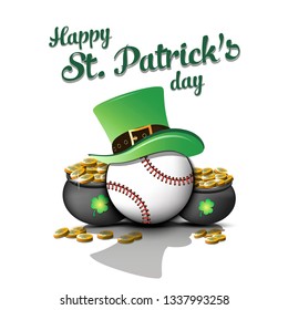 Happy St. Patricks day. Baseball ball with St. Patrick hat and pot with gold on an isolated background. Pattern for banner, poster, greeting card, invitation. Vector illustration