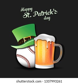 Happy St. Patricks day. Baseball ball with St. Patrick hat and mug of beer. Pattern for banner, poster, greeting card, party invitation. Vector illustration
