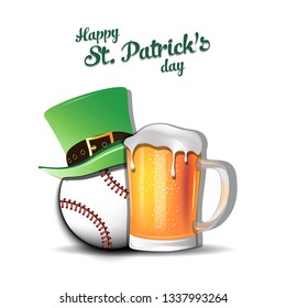 Happy St. Patricks day. Baseball ball with St. Patrick hat and mug of beer. Pattern for banner, poster, greeting card, party invitation. Vector illustration