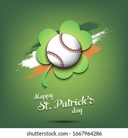 Happy St. Patrick's day. Baseball ball and clover against the background of the Irish flag. Pattern for banner, poster, greeting card, party invitation. Vector illustration