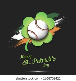 Happy St. Patrick's day. Baseball ball and clover against the background of the Irish flag. Pattern for banner, poster, greeting card, party invitation. Vector illustration