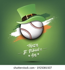 Happy St. Patricks day. Baseball ball in leprechaun hat the background of the Irish flag. Pattern for greeting card, logo, banner, poster, party invitation. Vector illustration