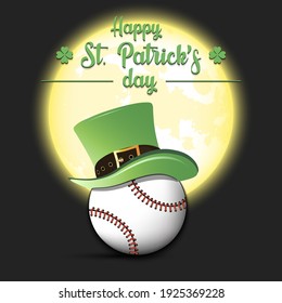 Happy St. Patricks day. Baseball ball in leprechaun hat on an isolated background. Pattern for greeting card, logo, banner, poster, party invitation. Vector illustration