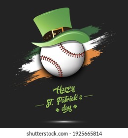 Happy St. Patricks day. Baseball ball in leprechaun hat the background of the Irish flag. Pattern for greeting card, logo, banner, poster, party invitation. Vector illustration