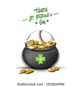 Happy St. Patricks day. A baseball ball in a pot of gold on an isolated background. Pattern for banner, poster, greeting card, invitation. Vector illustration