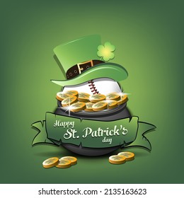 Happy St. Patrick's day. Baseball ball in leprechaun hat in pot with gold coins. Pattern design for logo, banner, poster, greeting card, party invitation. Vector illustration on isolated background