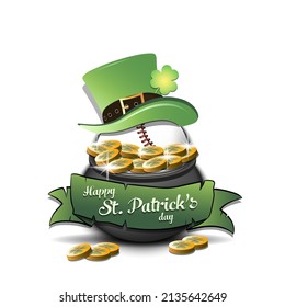 Happy St. Patrick's day. Baseball ball in leprechaun hat in pot with gold coins. Pattern design for logo, banner, poster, greeting card, party invitation. Vector illustration on isolated background