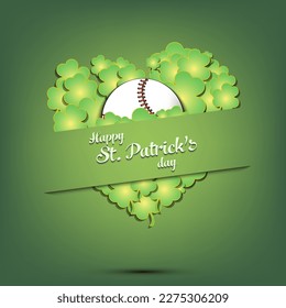 Happy St. Patrick's day. Baseball ball on background heart made of clovers and shamrock. Pattern design for logo, banner, poster, greeting card. Vector illustration on isolated background