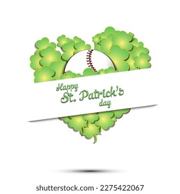 Happy St. Patrick's day. Baseball ball on background heart made of clovers and shamrock. Pattern design for logo, banner, poster, greeting card. Vector illustration on isolated background
