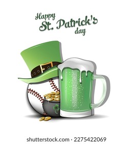 Alles Gute zum St. Patrick's Day! Baseball Ball mit St. Patrick Hut, Schlamm von Bier und Topf mit Gold. Design für Logo, Banner, Poster, Grußkarte. Vektorgrafik auf isoliertem Hintergrund