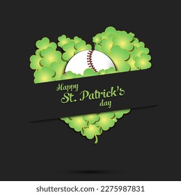 Happy St. Patrick's day. Baseball ball on background heart made of clovers and shamrock. Pattern design for logo, banner, poster, greeting card. Vector illustration on isolated background