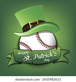 Happy St. Patricks day. Baseball ball in leprechaun hat with banner. Pattern for greeting card, logo, banner, poster, party invitation. Vector illustration on isolated background