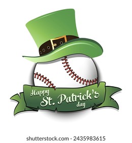 Happy St. Patricks day. Baseball ball in leprechaun hat with banner. Pattern for greeting card, logo, banner, poster, party invitation. Vector illustration on isolated background