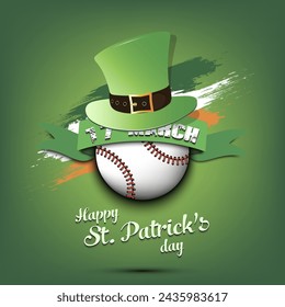 Happy St. Patricks day. Baseball ball in leprechaun hat the background of the Irish flag. Pattern for greeting card, logo, banner, poster, party invitation. Vector illustration on isolated background