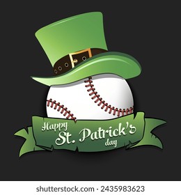 Happy St. Patricks day. Baseball ball in leprechaun hat with banner. Pattern for greeting card, logo, banner, poster, party invitation. Vector illustration on isolated background