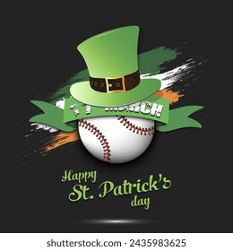 Happy St. Patricks day. Baseball ball in leprechaun hat the background of the Irish flag. Pattern for greeting card, logo, banner, poster, party invitation. Vector illustration on isolated background