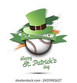 Happy St. Patricks day. Baseball ball in leprechaun hat the background of the Irish flag. Pattern for greeting card, logo, banner, poster, party invitation. Vector illustration on isolated background