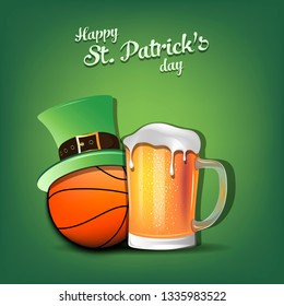 Happy St. Patricks day. Basketball ball with St. Patrick hat and mug of beer. Pattern for banner, poster, greeting card, party invitation. Vector illustration