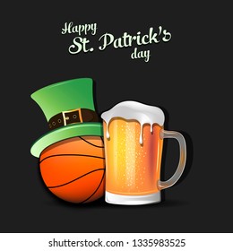 Happy St. Patricks day. Basketball ball with St. Patrick hat and mug of beer. Pattern for banner, poster, greeting card, party invitation. Vector illustration