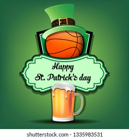 Happy St. Patricks day. Basketball logo template design. Basketball ball with St. Patrick hat and mug of beer. Pattern for banner, poster, greeting card, party invitation. Vector illustration