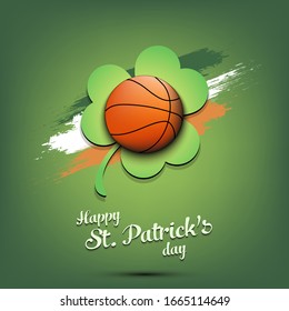 Happy St. Patrick's day. Basketball ball and clover against the background of the Irish flag. Pattern for banner, poster, greeting card, party invitation. Vector illustration