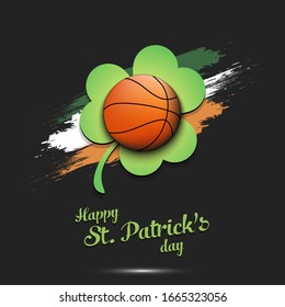 Happy St. Patrick's day. Basketball ball and clover against the background of the Irish flag. Pattern for banner, poster, greeting card, party invitation. Vector illustration