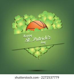 Happy St. Patrick's day. Basketball ball on background heart made of clovers and shamrock. Pattern design for logo, banner, poster, greeting card. Vector illustration on isolated background