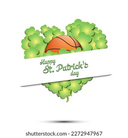 Happy St. Patrick's day. Basketball ball on background heart made of clovers and shamrock. Pattern design for logo, banner, poster, greeting card. Vector illustration on isolated background