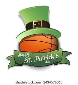 Happy St. Patricks day. Basketball ball in leprechaun hat with banner. Pattern for greeting card, logo, banner, poster, party invitation. Vector illustration on isolated background