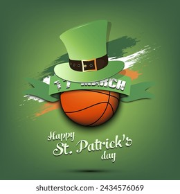 Happy St. Patricks day. Basketball ball in leprechaun hat the background of the Irish flag. Pattern for greeting card, logo, banner, poster, invitation. Vector illustration on isolated background