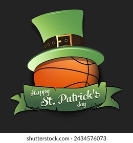 Happy St. Patricks day. Basketball ball in leprechaun hat with banner. Pattern for greeting card, logo, banner, poster, party invitation. Vector illustration on isolated background