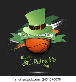 Happy St. Patricks day. Basketball ball in leprechaun hat the background of the Irish flag. Pattern for greeting card, logo, banner, poster, invitation. Vector illustration on isolated background