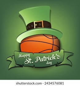 Happy St. Patricks day. Basketball ball in leprechaun hat with banner. Pattern for greeting card, logo, banner, poster, party invitation. Vector illustration on isolated background