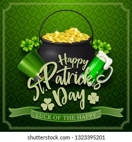 Happy St. Patrick's Day with beer, hat, and golden coins
