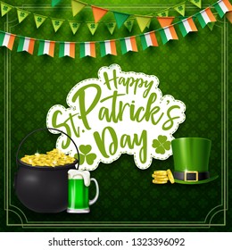 Happy St. Patrick's Day with beer, hat, and golden coins