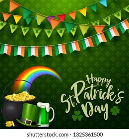 Happy St. Patrick's Day with beer, hat, and golden coins