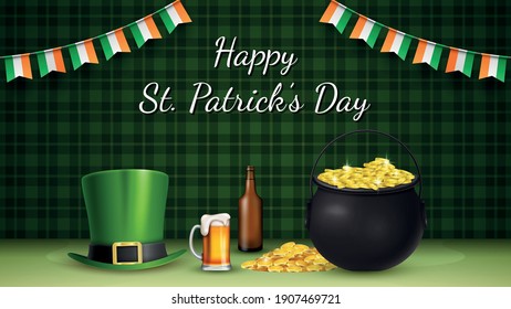 Happy St. Patrick's Day with beer, hat, and golden coins