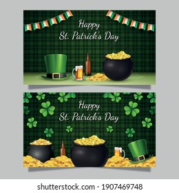 Happy St. Patrick's Day with beer, hat, and golden coins
