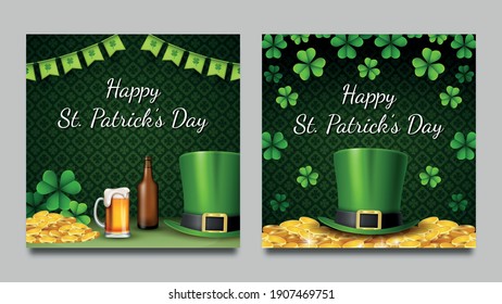 Happy St. Patrick's Day with beer, hat, and golden coins